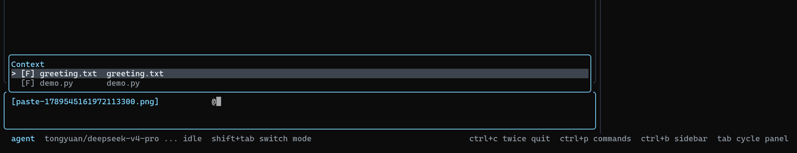 A pasted image label with the file picker opened using @